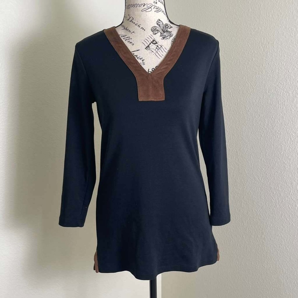 Lauren Ralph‎ Lauren Womens Black Long Sleeve V-Neck Tunic Faux Suede Trim Small